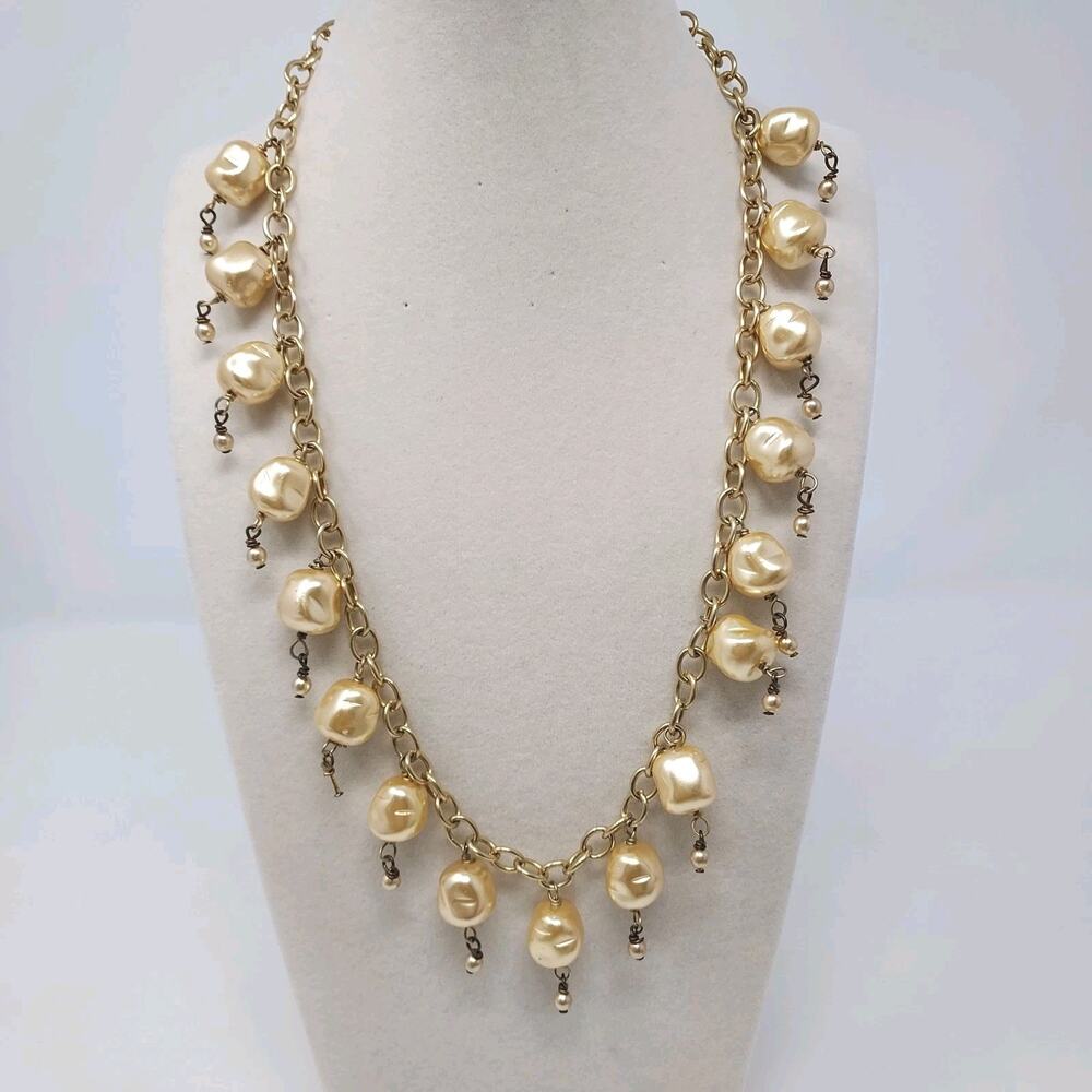 Retro Necklace Faux Baroque Pearl Champagne Color Dangles Gold Tone Chain READ